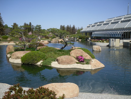 Van Nuys Japanese Garden 2 - japanese garden, see-through building, water, van nuys, bushes