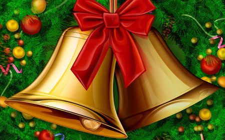 Christmas bells - colours, christmas, yellow, christmas balls, red, green, ribbon, bells