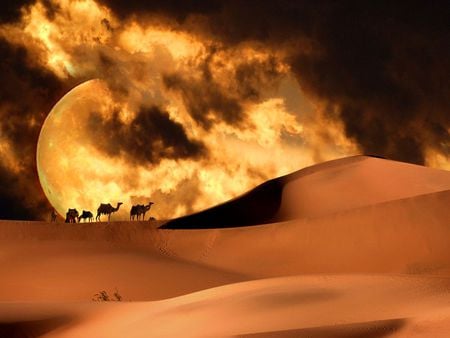 Full moon over Sahara - nature, moon, clouds, beautiful, desert