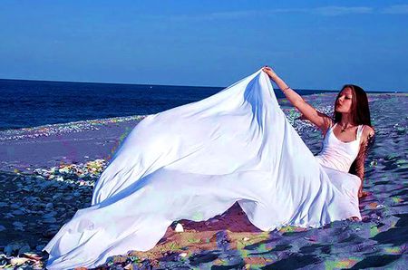 Windy day at oceanside - woman, windy, ocean, beautiful, day, sunny