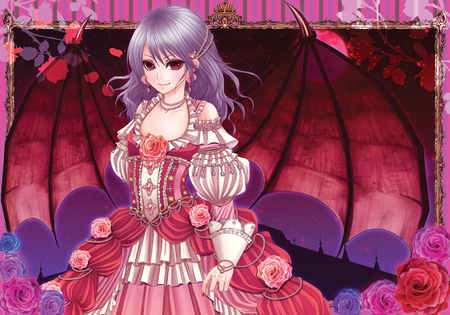 Remilia Scarlet - touhou, roses, pink, beautiful, wings, flowers, gothic, lolita