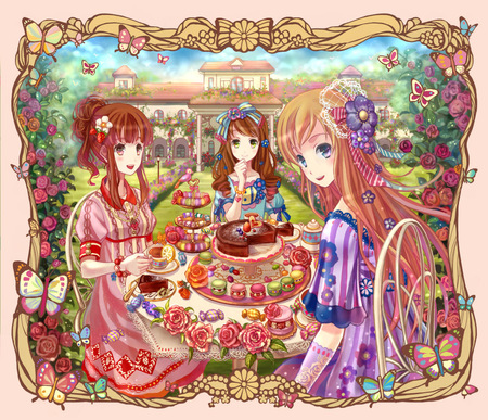 Angel Tea Time - girls, sweets, colorful, macaroons, fantasy, desserts, pretty, royal, foods, beautiful, mansion, party, afternoon, food, flowers, cute