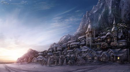 Winter-Village - forest, mountain, snow, winter, house