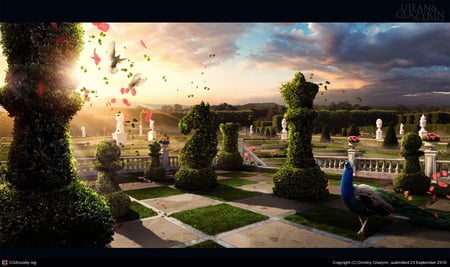 Chess-garden - bird, sunset, peacock, chess, forest