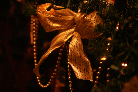 Golden bow - bow, decorations, beads, gold, christmas