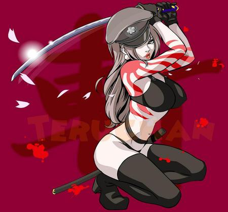 Red - tatto, sexy, katana, red, flowers