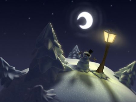 Christmas snowman at night - moon, snowman, winter, season, snow, night