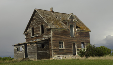 Abandoned Farmhouse - grey, roof, window, wood, grass, shed, farm, sky