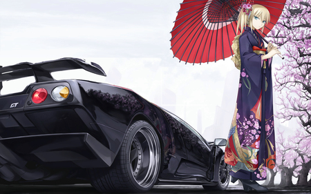 Cute girl with a Hot Car - pink, flowers, stunning, umbrella, pink flowers, blue eyes, hot, gt, beauty, kimono, nature, lights, cute, sexy, yellow, blue, boots, lambourgini, car, red, sakura petals, sky, clouds, anime girl, trees, sakura, beautiful, cherry blossoms, blonde hair, cool, black, awesome, sports car, clourful