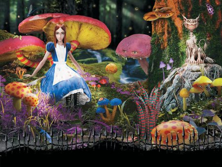 American McGee's Alice - girl, mcgee, fence, cat, american, colorful, mushrooms, alice, mcgree, video game, creepy