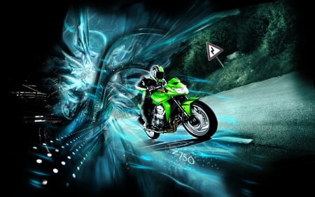 Crazy driver - motorcycles, abstract, sign, green, road, light, dark, hard ride