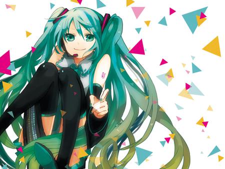 Hatsune Miku - aqua, hot, headset, thighhighs, colorful, music, anime girl, confetti, white, cool, aqua eyes, hatsune miku, skirt, sexy, song, vocaloids, program, vocaloid, beautiful, diva, nice, beauty, twintail, singer, aqua hair, black, virtual, pretty, idol, party, green, anime, miku, cute, girl, hatsune, microphone, headphones, blue, awesome