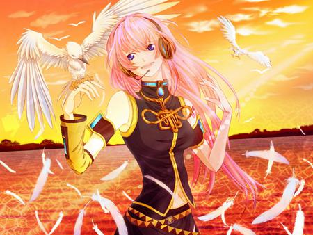 Megurine Luka - pretty, birds, scenery, luka, sunrays, headphones, nice, sunlight, program, hot, megurine, beauty, virtual, sunset, megurine luka, cute, feathers, song, sexy, horizon, vocaloid, anime, twintail, microphone, music, sky, idol, clouds, anime girl, water, beautiful, sea, singer, girl, cool, ocean, black, awesome, diva, vocaloids, headset