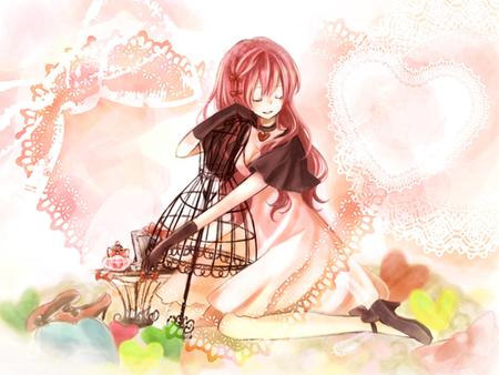 Megurine Luka - pretty, heart, pink, luka, flowers, cage, nice, program, thighhighs, megurine, beauty, virtual, love, white, megurine luka, cute, aqua eyes, song, bow, bird, vocaloid, anime, dress, music, aqua, pink hair, idol, anime girl, beautiful, singer, girl, tea, cool, white dress, black, awesome, diva, vocaloids