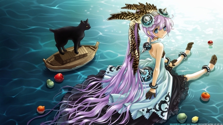 Enchanted Waters - cat, feathers, pear, water, long hair, purple hair, lemon, orange, apple, boat, dress