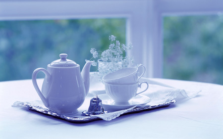 Christmas Morning Tea - white, beautiful, table, lilac, teapot, 2 teacups, christmas bell