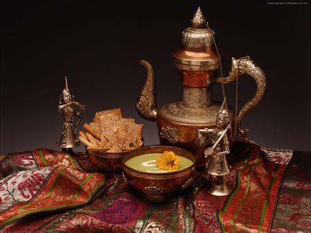 Gift for Ahava - iron teapot, teacup, crackers, beautiful, flowers tea, figure, table, food, shawl, bowle