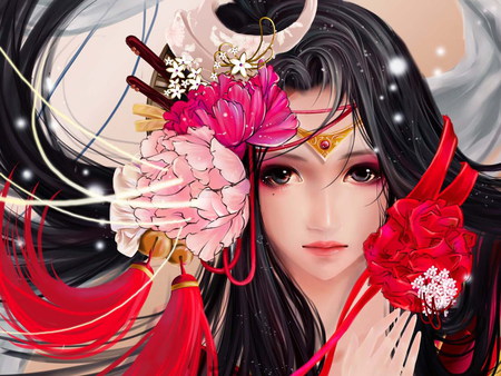 Beautiful of East - beauty, girl, female, tiara, black, cg, painting, red, flowers