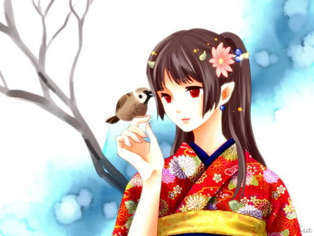 Sweet lil bird - girl, female, branch, traditional, painting, pretty, kimono, flowers, cute