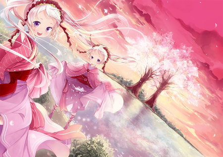 Pink Spring - girls, lake, scenic, trees, cherry, sunset, lovely, loli, sakura, petals, blossom, flowers, cute, lolita