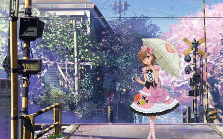 Walking down the Street - sakura, 5, town, blossom, cherry, girl, traffic, spring, pink, lolita, byousoku, umbrella, cute, centimeters