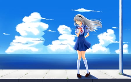 Blue Sky of Summer - nice, scenic, girl, school, cool, clouds, skies, uniform, breeze