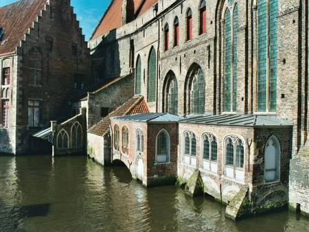 Medieval Brugge, Belgium - house, church window, water, canal, sunshine, church, wall, medieval