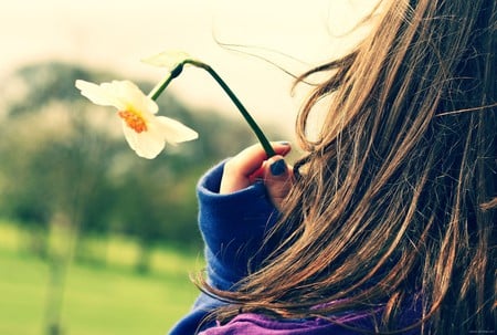 thank you - bright, girl, hair, blue, colorful, green, smile, wind