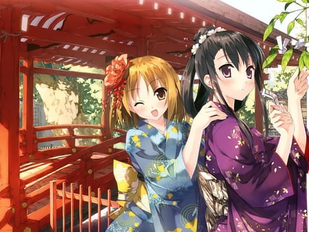 Kimono Girls - scenic, traditional, flowers, cute, gazebo, outdoor