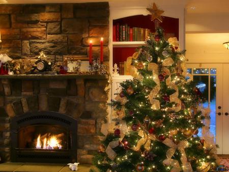 christmas tree - fire, room, light, house, tree, christmas