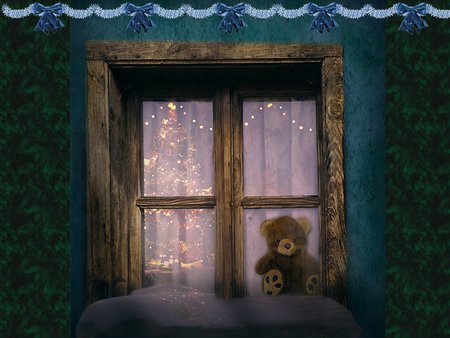 Teddy bear on window - window, bear, holiday, tree, teddy, christmas