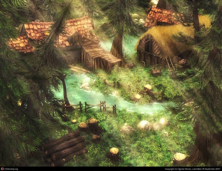 Pinespike Village - house, river, tree, wood