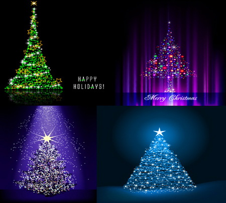 Trees - purple, blue, green, lights, four, colors, christmas trees, merry christmas