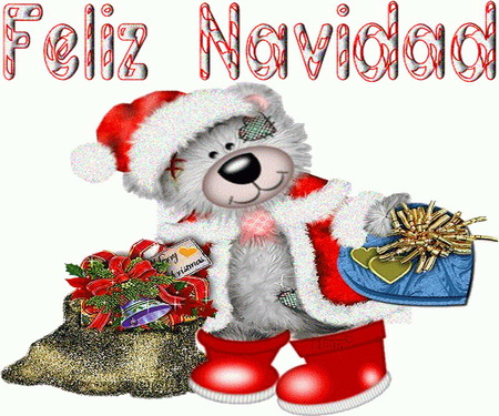 Feliz Navidad - feliz navidad, bear, gifts, holiday, greeting, santa outfit