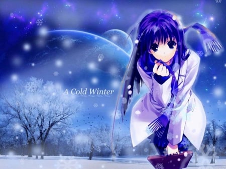 a cold winter - girl, anime, winter, blue