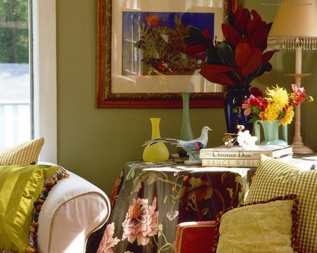 beautiful resting corner - flowers vase, room corner, pilows, painting, window, foteile, beautiful, figure, table, books