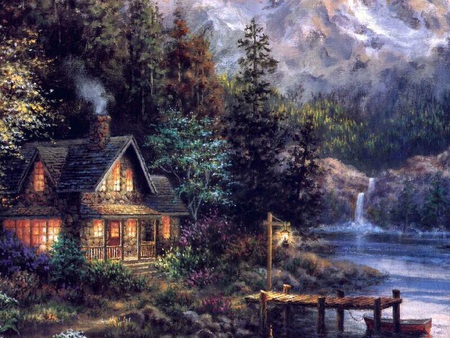 nights whisper - lake, trees, smoke, waterfall, quiet, pier, lantern, cabin, boat