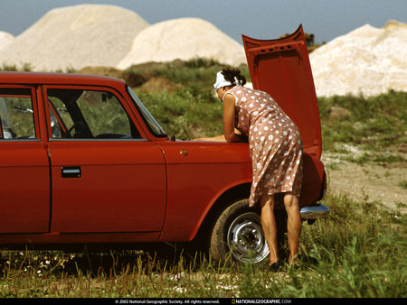 Car trouble - woman, feild, car, spring