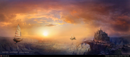 Fantasy Landscape - ship, canyon, castle, sun