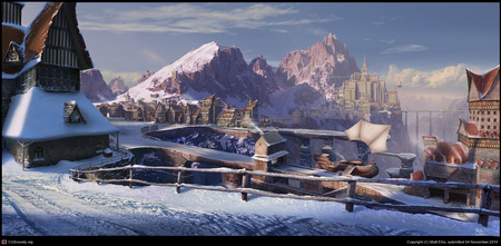 Bridge Town - winter, bridge, mountain, town