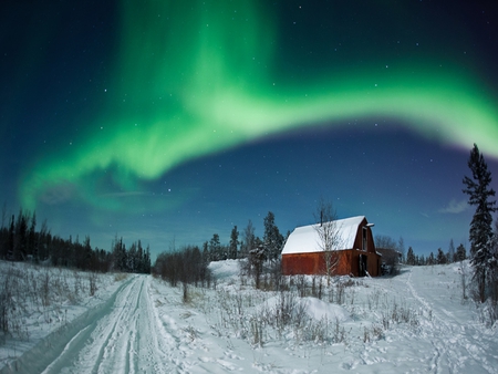 Winter Time - snow, night, stars, path, view, aurora borealis, houses, cottage, sky, clouds, house, trees, winter, beautiful, road, beauty, colors, lovely, architecture, white, nature, green, peaceful