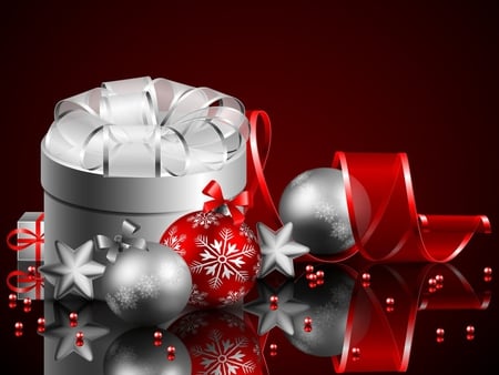 Christmas Balls - pretty, star, gifts, magic, reflection, stars, holiday, red, magic christmas, ribbon, box, merry christmas, xmas, pearls, ball, happy new year, beautiful, balls, photography, beauty, colors, lovely, christmas, silver, new year, gift, bow