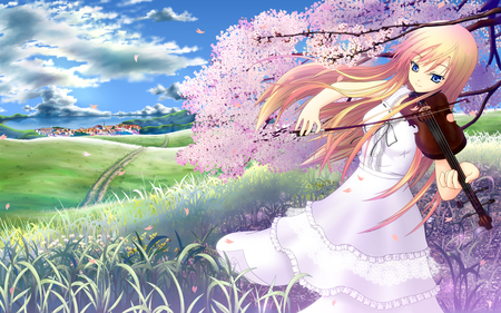 Sakura Song - violin, beautiful, blossom, details, girl, grass, white, field, 3d, cherry, laces, tree, pink, instrument, flowers, musician, dress, cg, playing