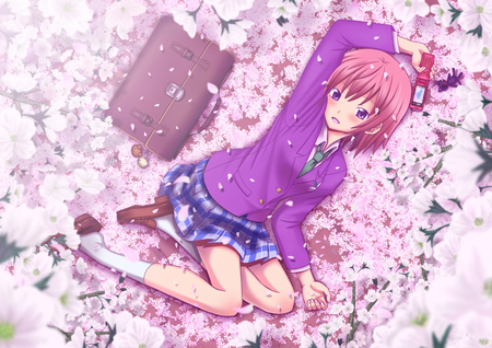 Enjoy Spring - pretty, sakura, blossom, cherry, beautiful, school, girl, lying, pink, cellphone, bag, uniform, flowers, after, purple