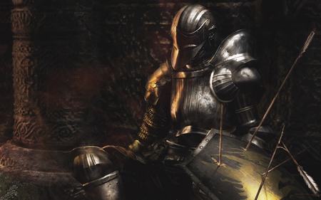 Demons Souls - game, warrior, helmet, artwork, arrows, shield, knight, armour