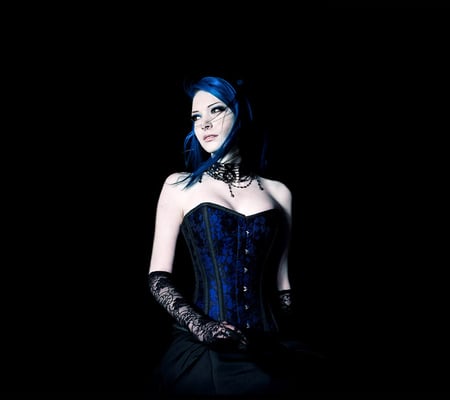 Blue corset - glowes, blue, woman, corset, dark, hair