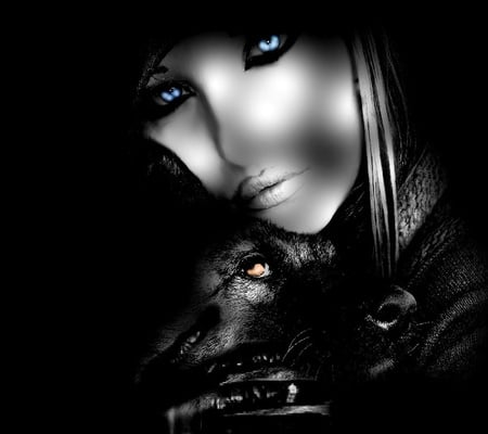 Blue eyes and friend - woman, eyes, mistery, dark, pretty, dog, blue, beautiful, hide, friends, shadow, friend