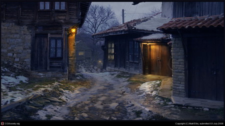 Cold Street - night, street, house, snow