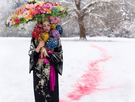 Flowers Girl - picture, girl, cool, in winter, flowers