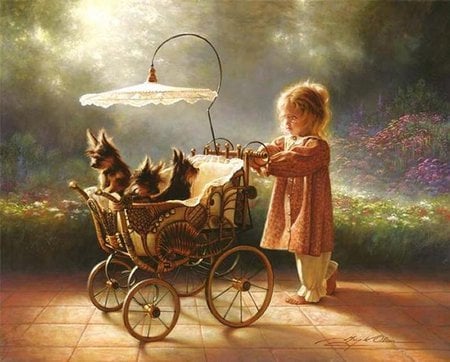 Tenderness - innocence, garden, tenderness, puppy, carriage, sunset, girl, dog